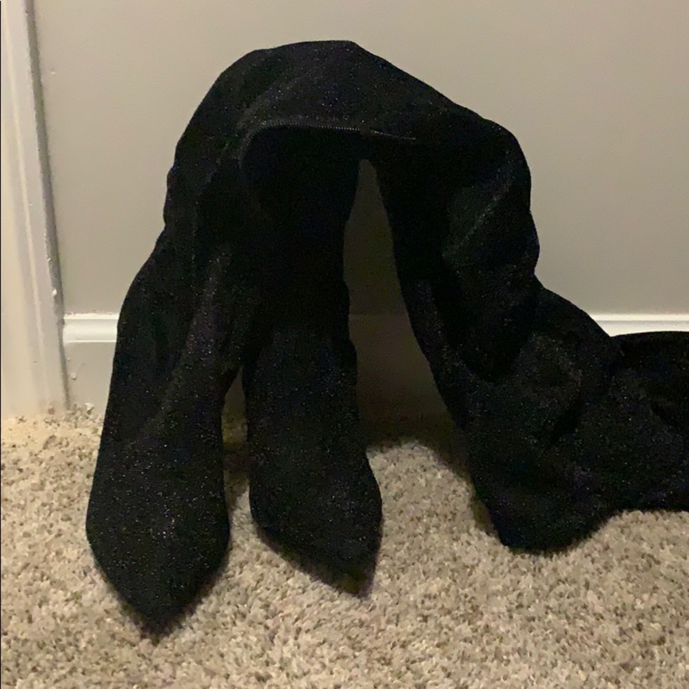 Black glitter thigh high boots
